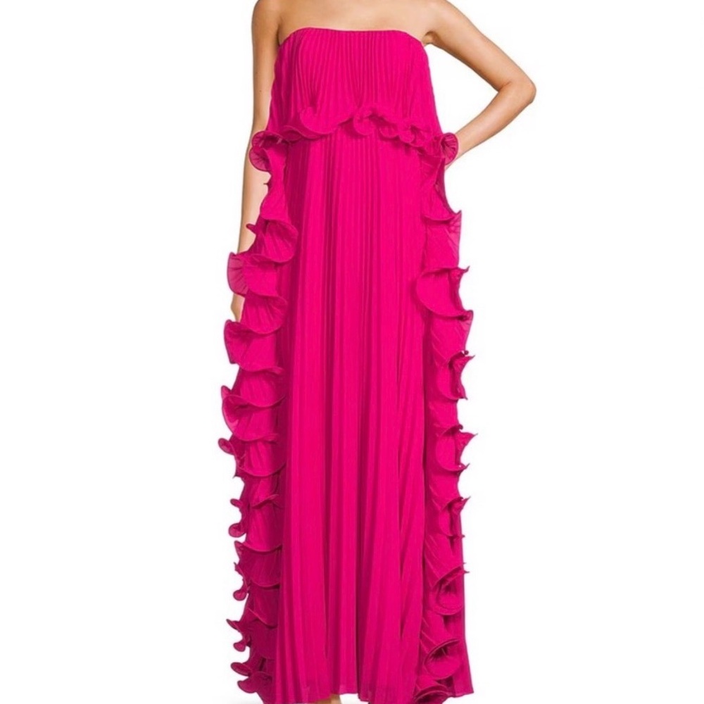NWT Belle Badgley Mischka Lindsay Strapless Pleated Ruffle Gown sz 6 Hot Fuschia